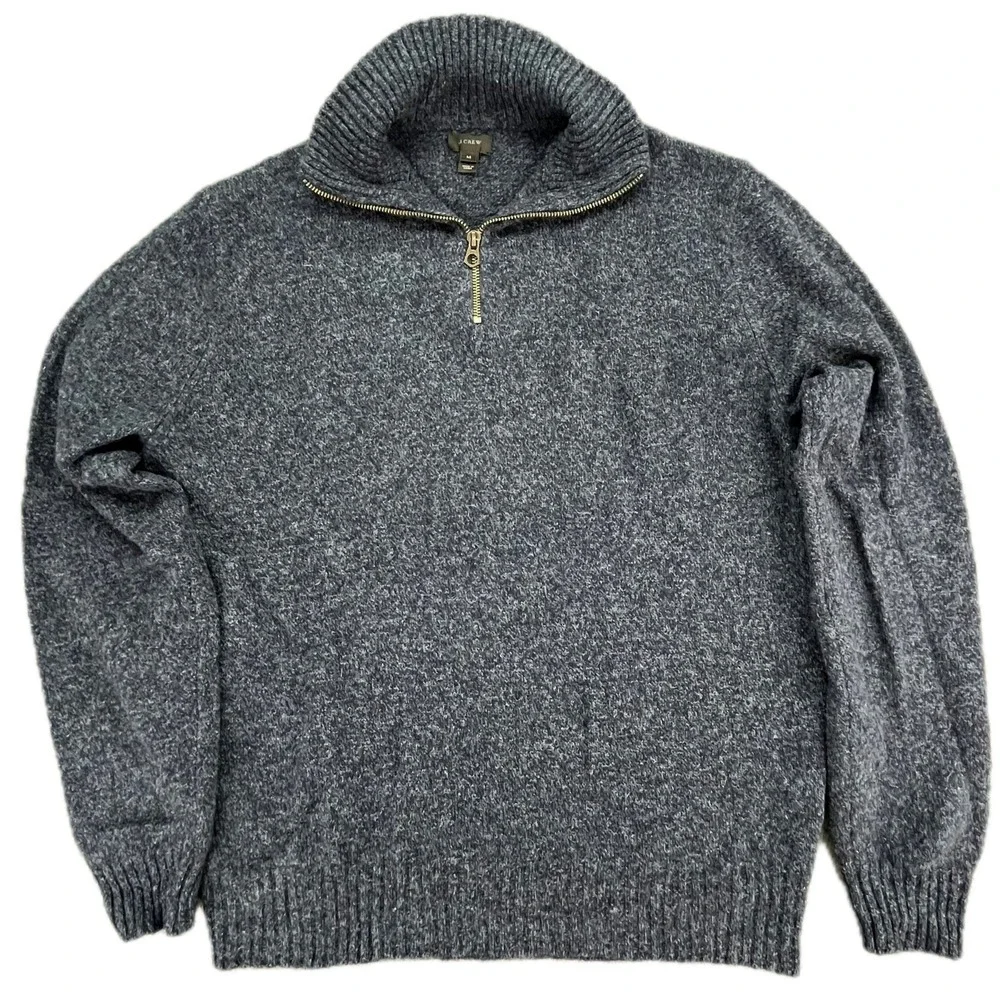 J Crew Men's 100% Lambswool‎ 1/4 Zip Sweater Dark Heather Blue Size M